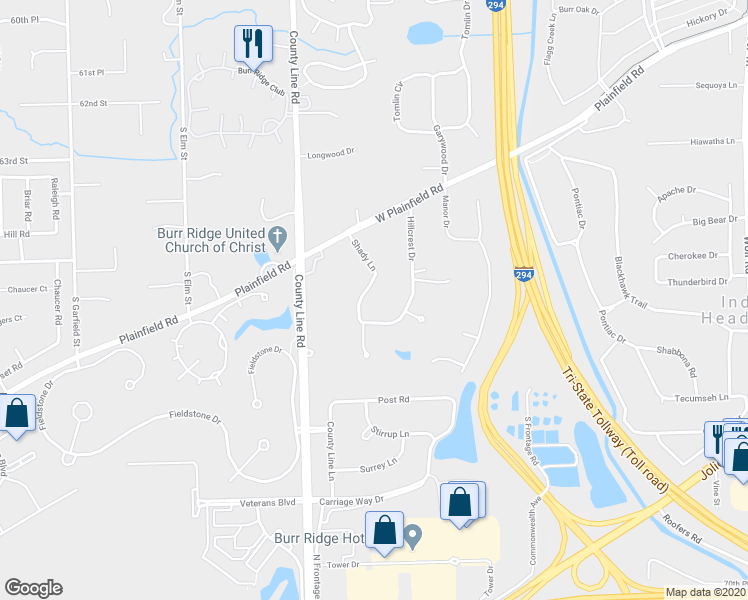 map of restaurants, bars, coffee shops, grocery stores, and more near 6601 Shady Lane in Burr Ridge