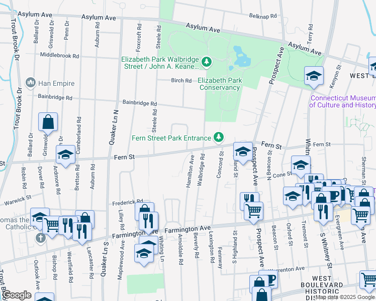 map of restaurants, bars, coffee shops, grocery stores, and more near 235 Fern Street in West Hartford