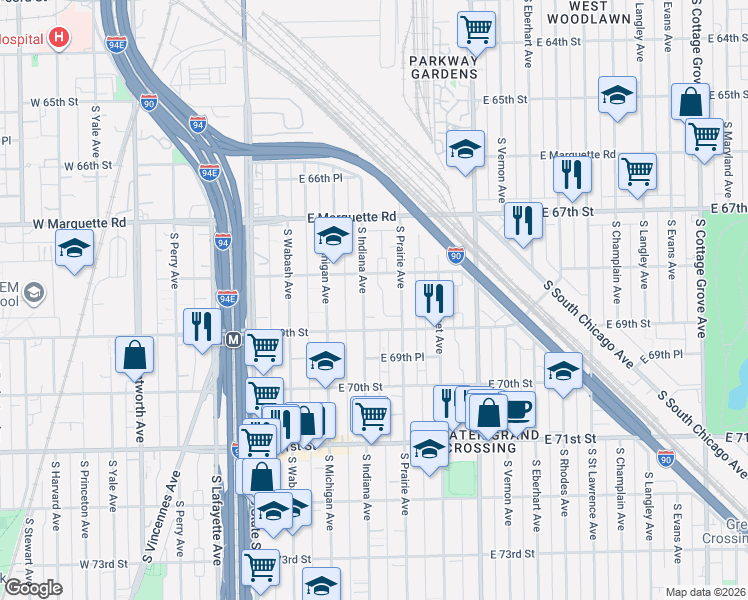 map of restaurants, bars, coffee shops, grocery stores, and more near 6817 South Indiana Avenue in Chicago