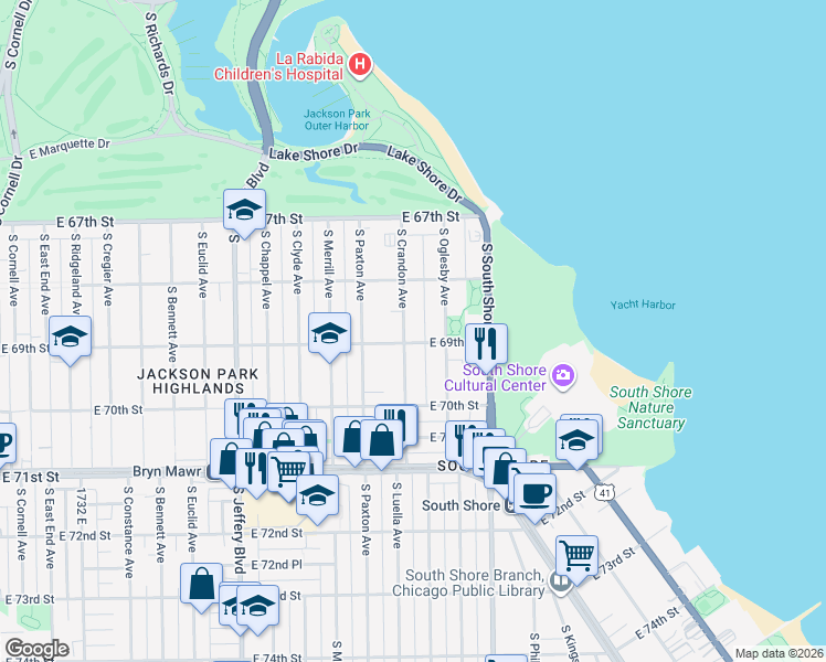 map of restaurants, bars, coffee shops, grocery stores, and more near 6840 South Crandon Avenue in Chicago