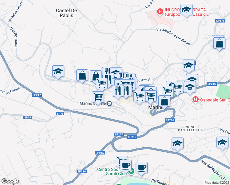 map of restaurants, bars, coffee shops, grocery stores, and more near 30 Viale Giuseppe Mazzini in Marino