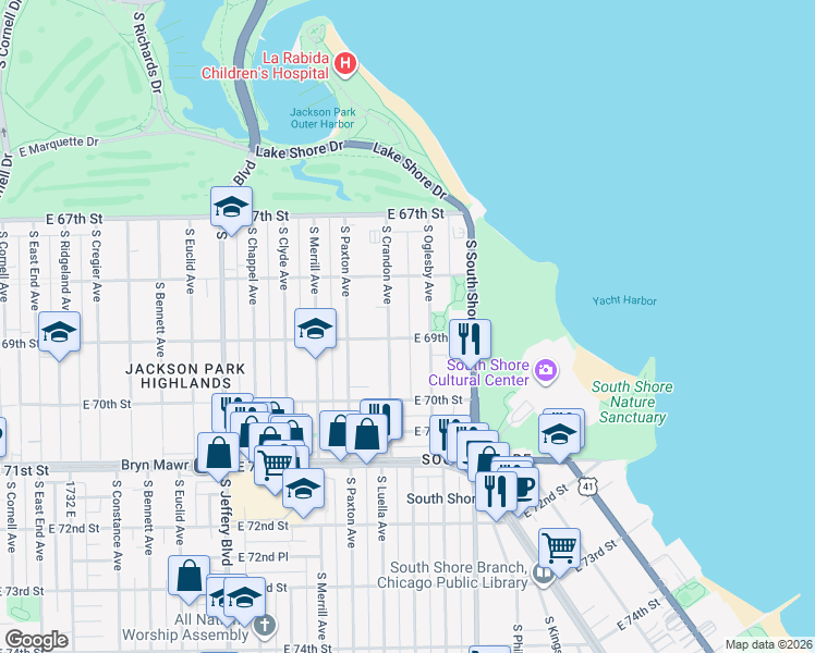 map of restaurants, bars, coffee shops, grocery stores, and more near 6851 South Crandon Avenue in Chicago