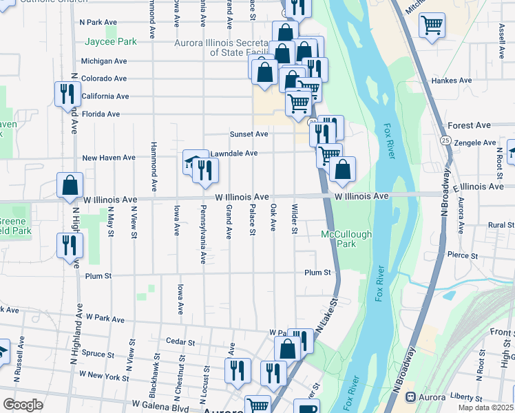 map of restaurants, bars, coffee shops, grocery stores, and more near 641 Palace Street in Aurora