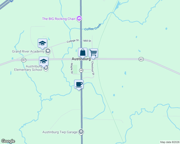 map of restaurants, bars, coffee shops, grocery stores, and more near 2792 Chestnut Street in Austinburg