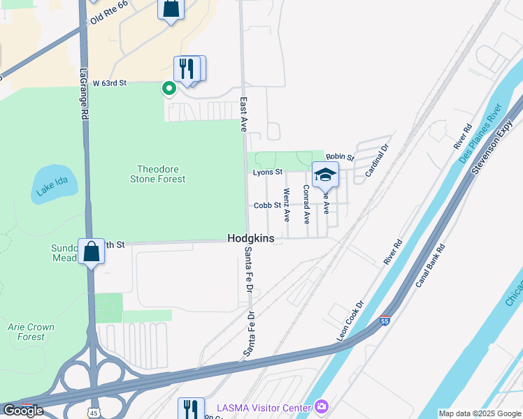 map of restaurants, bars, coffee shops, grocery stores, and more near 6513 Chester Avenue in Hodgkins