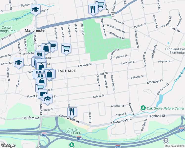 map of restaurants, bars, coffee shops, grocery stores, and more near 189 Oak Street in Manchester