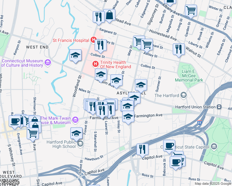 map of restaurants, bars, coffee shops, grocery stores, and more near 44 Niles Street in Hartford