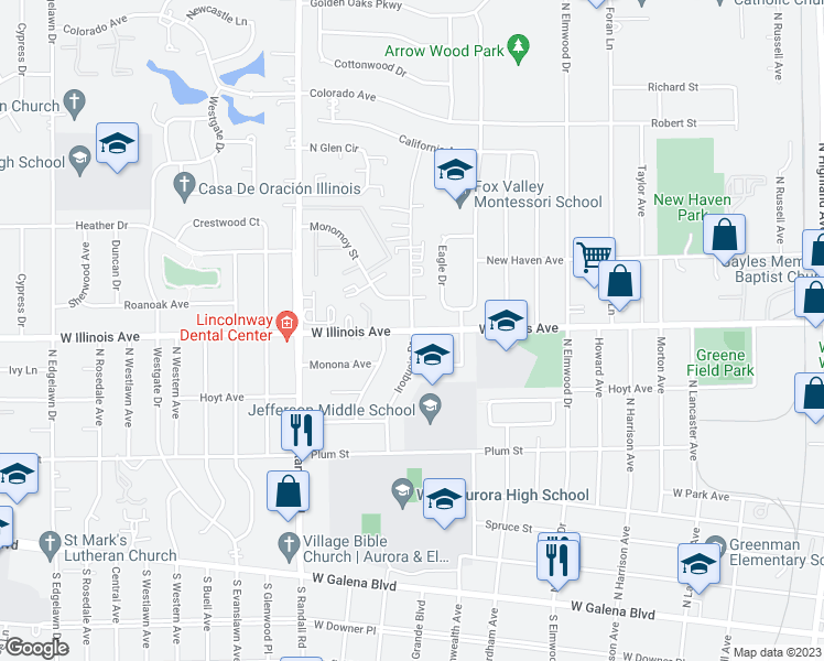 map of restaurants, bars, coffee shops, grocery stores, and more near North Gladstone Avenue in Aurora