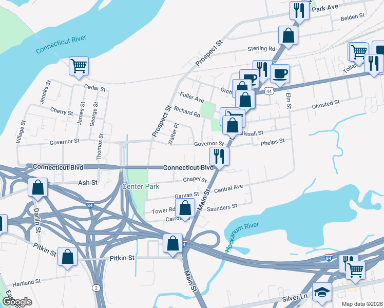 map of restaurants, bars, coffee shops, grocery stores, and more near 73 Governor Street in East Hartford