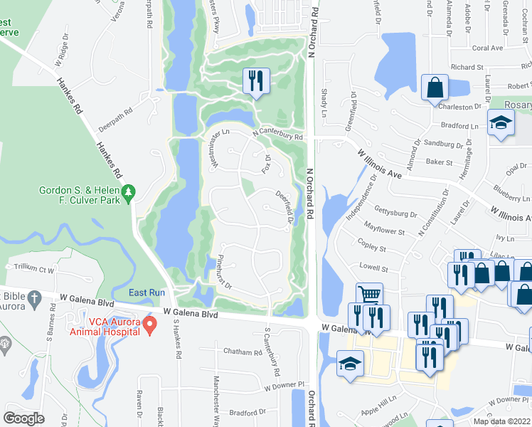 map of restaurants, bars, coffee shops, grocery stores, and more near 2480 Clovertree Court in Aurora
