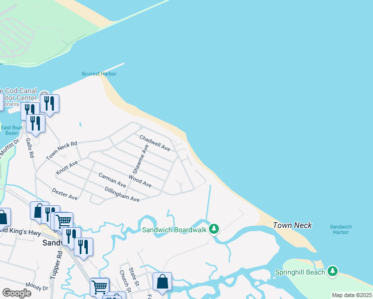 map of restaurants, bars, coffee shops, grocery stores, and more near 51R Freeman Avenue in Sandwich