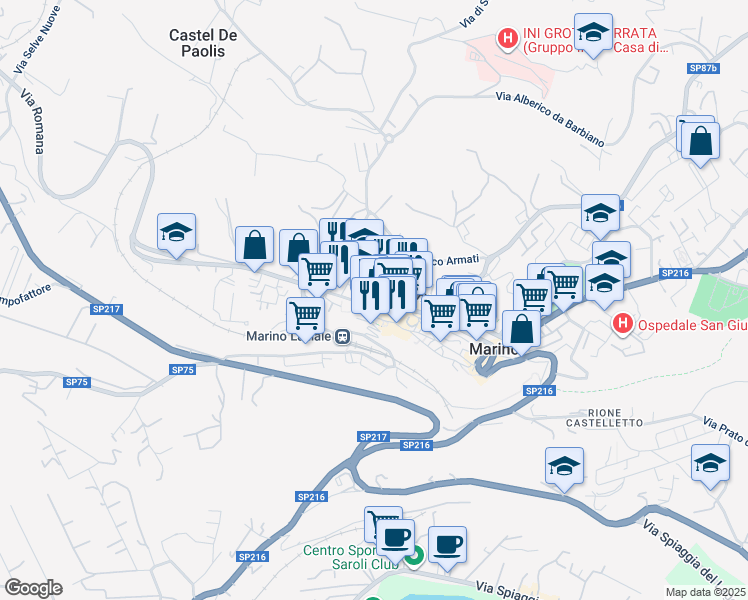 map of restaurants, bars, coffee shops, grocery stores, and more near 30 Viale Giuseppe Mazzini in Marino