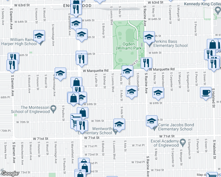 map of restaurants, bars, coffee shops, grocery stores, and more near 6800 South Loomis Boulevard in Chicago