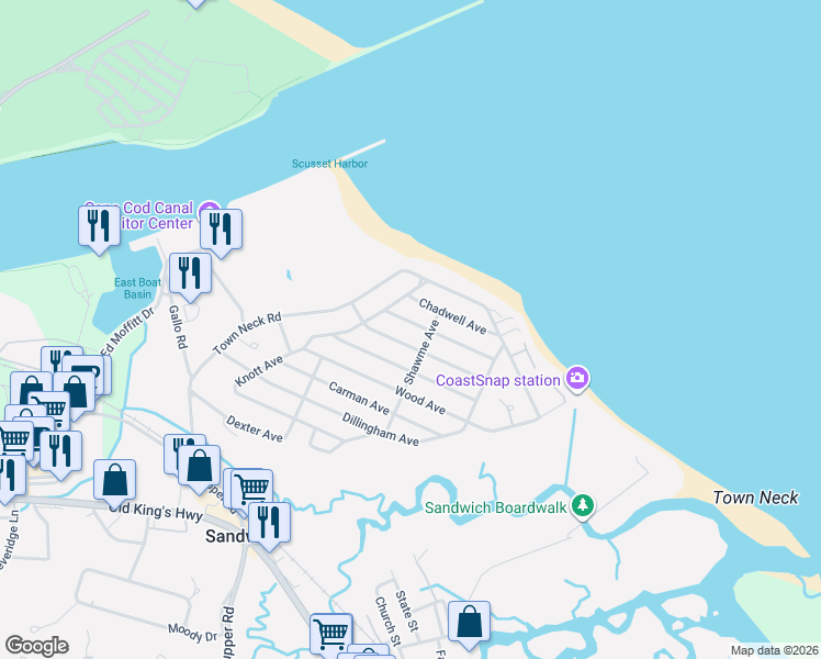map of restaurants, bars, coffee shops, grocery stores, and more near 8 Feake Avenue in Sandwich