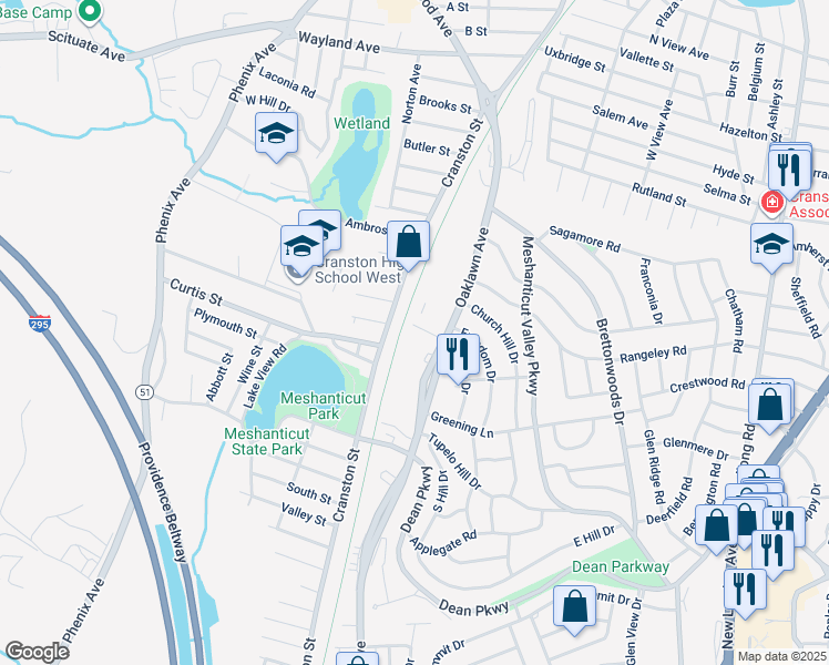 map of restaurants, bars, coffee shops, grocery stores, and more near 20 Oaklawn Manor Drive in Cranston