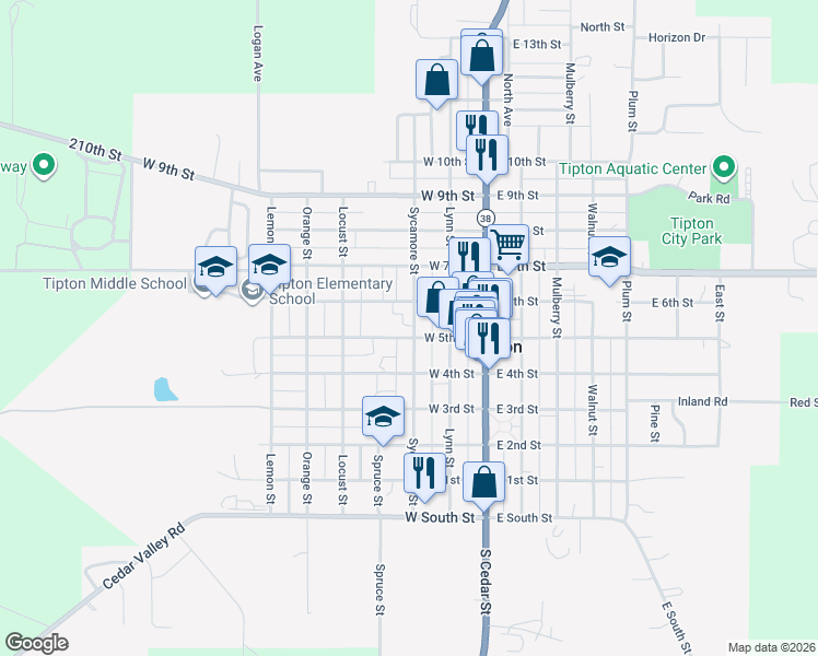 map of restaurants, bars, coffee shops, grocery stores, and more near 502 Sycamore Street in Tipton