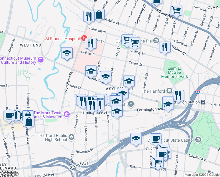 map of restaurants, bars, coffee shops, grocery stores, and more near 896 Asylum Avenue in Hartford