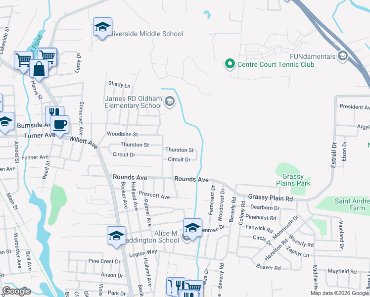 map of restaurants, bars, coffee shops, grocery stores, and more near 126 Thurston Street in East Providence