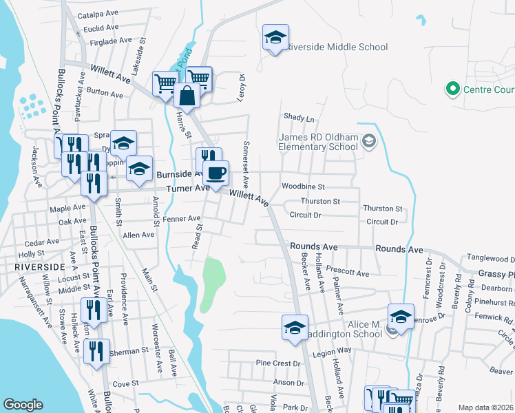 map of restaurants, bars, coffee shops, grocery stores, and more near 548 Willett Avenue in East Providence