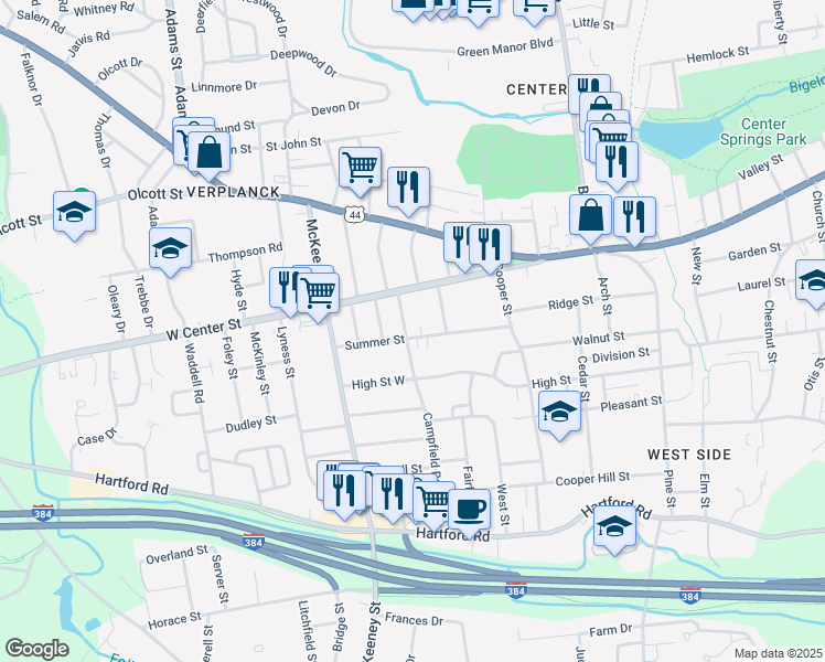 map of restaurants, bars, coffee shops, grocery stores, and more near 25 Emerson Street in Manchester