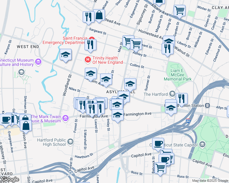 map of restaurants, bars, coffee shops, grocery stores, and more near 896 Asylum Avenue in Hartford