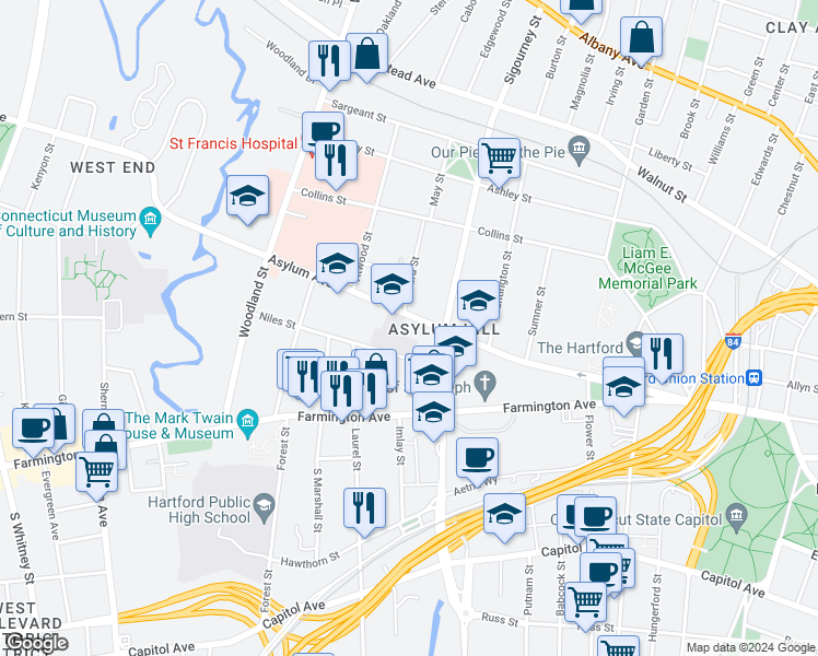 map of restaurants, bars, coffee shops, grocery stores, and more near 896 Asylum Avenue in Hartford