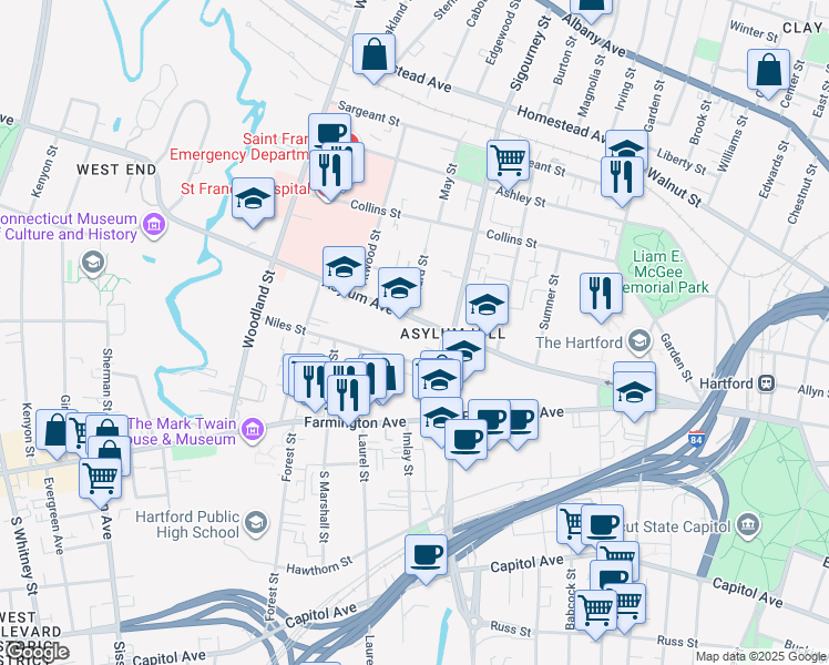 map of restaurants, bars, coffee shops, grocery stores, and more near 896 Asylum Avenue in Hartford