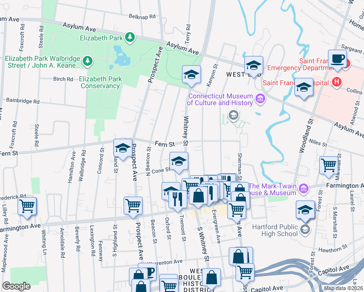map of restaurants, bars, coffee shops, grocery stores, and more near 82 Fern Street in Hartford