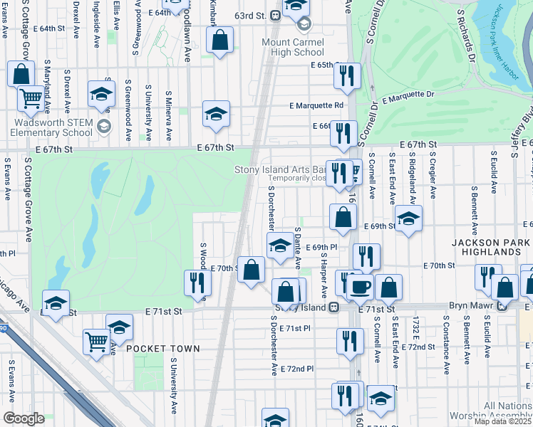 map of restaurants, bars, coffee shops, grocery stores, and more near 6831 South Dorchester Avenue in Chicago