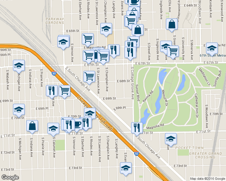 map of restaurants, bars, coffee shops, grocery stores, and more near 6823 South Champlain Avenue in Chicago