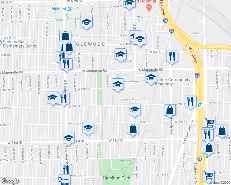 map of restaurants, bars, coffee shops, grocery stores, and more near 6800 South Normal Avenue in Chicago