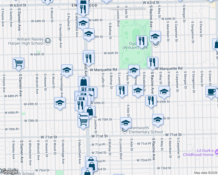 map of restaurants, bars, coffee shops, grocery stores, and more near 6759 South Bishop Street in Chicago