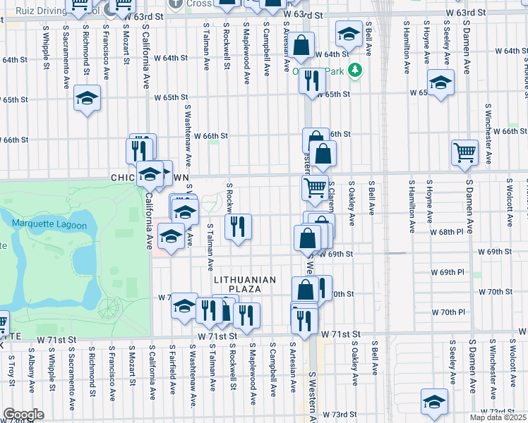 map of restaurants, bars, coffee shops, grocery stores, and more near 6747 South Campbell Avenue in Chicago