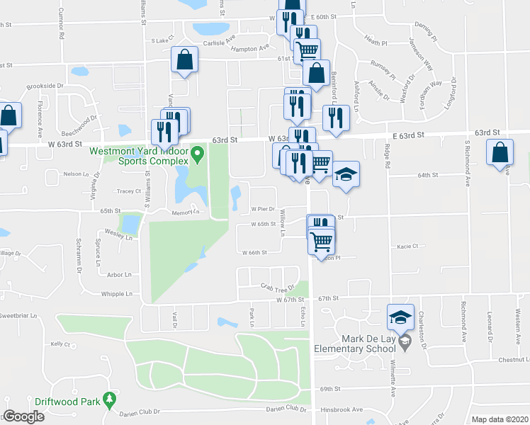 map of restaurants, bars, coffee shops, grocery stores, and more near 56 Pier Drive in Westmont