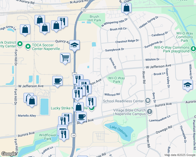 map of restaurants, bars, coffee shops, grocery stores, and more near 1447 West Jefferson Avenue in Naperville