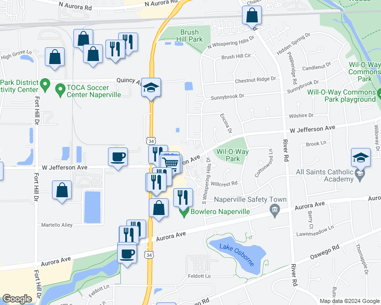 map of restaurants, bars, coffee shops, grocery stores, and more near 1505 West Jefferson Avenue in Naperville