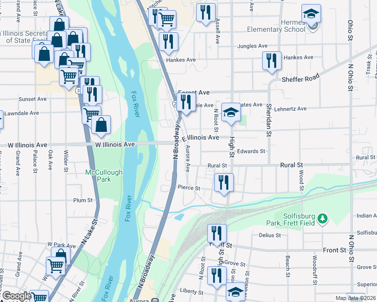 map of restaurants, bars, coffee shops, grocery stores, and more near 679 Aurora Avenue in Aurora