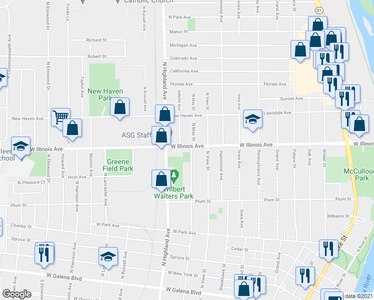 map of restaurants, bars, coffee shops, grocery stores, and more near 650 North May Street in Aurora