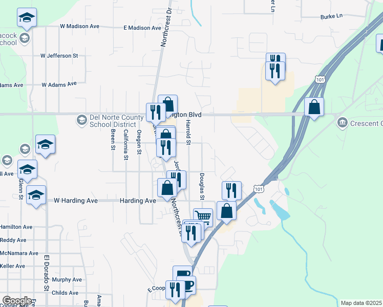 map of restaurants, bars, coffee shops, grocery stores, and more near 1361 Harrold Street in Crescent City