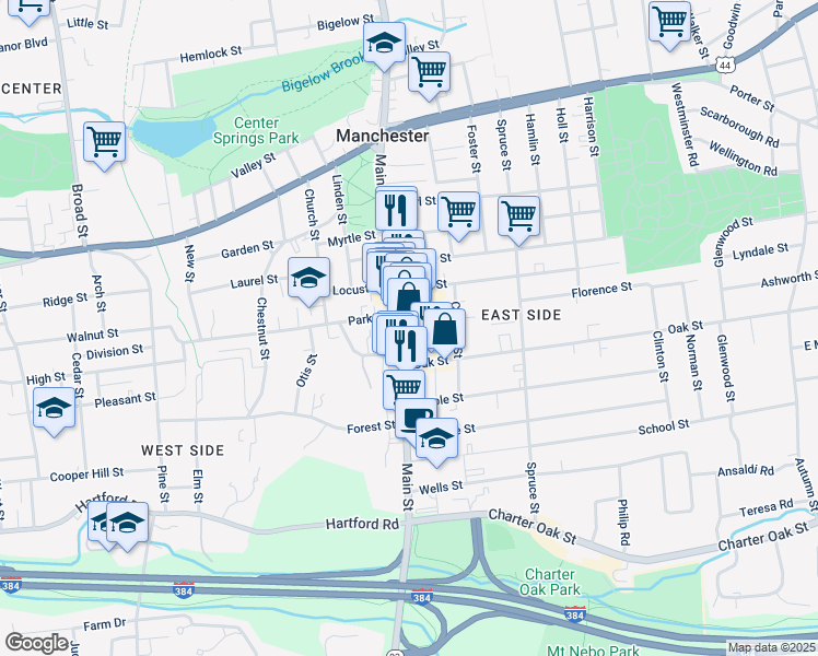 map of restaurants, bars, coffee shops, grocery stores, and more near 901 Main Street in Manchester