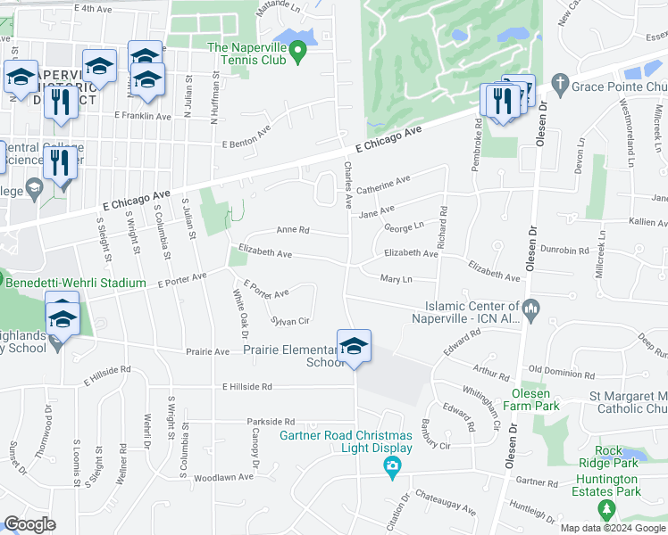 map of restaurants, bars, coffee shops, grocery stores, and more near 1032 Elizabeth Avenue in Naperville
