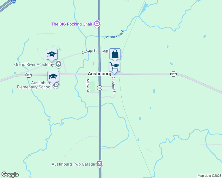map of restaurants, bars, coffee shops, grocery stores, and more near 2792 Chestnut Street in Austinburg
