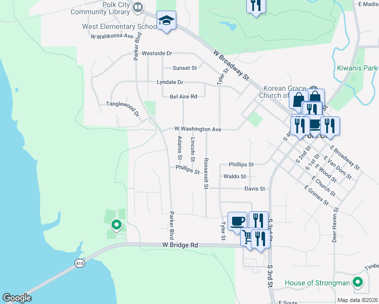 map of restaurants, bars, coffee shops, grocery stores, and more near 609 Adams Street in Polk City