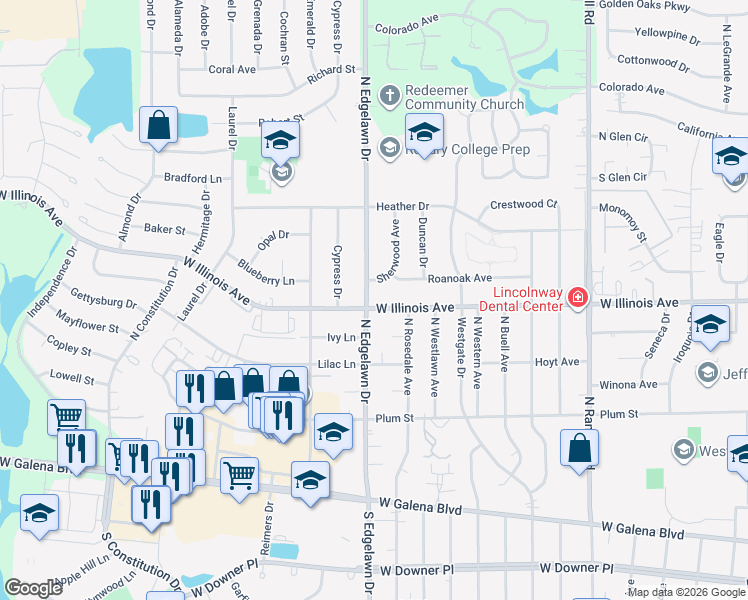 map of restaurants, bars, coffee shops, grocery stores, and more near 707 North Edgelawn Drive in Aurora