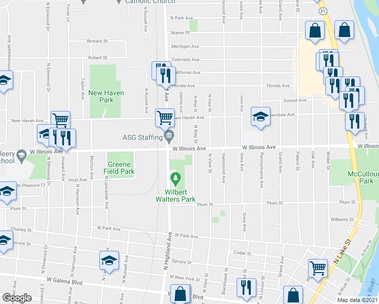 map of restaurants, bars, coffee shops, grocery stores, and more near 650 North May Street in Aurora