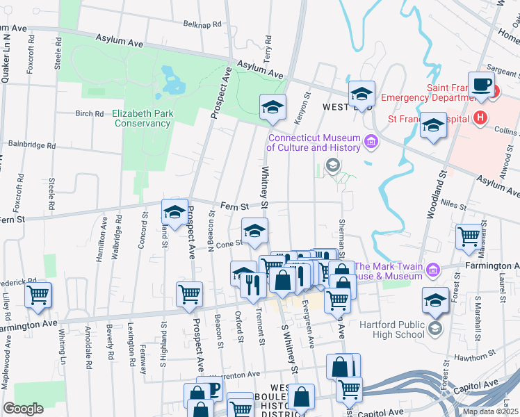 map of restaurants, bars, coffee shops, grocery stores, and more near 82 Fern Street in Hartford