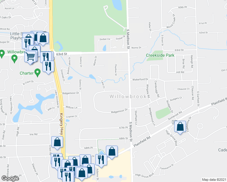 map of restaurants, bars, coffee shops, grocery stores, and more near 513 Ridgemoor Drive in Willowbrook