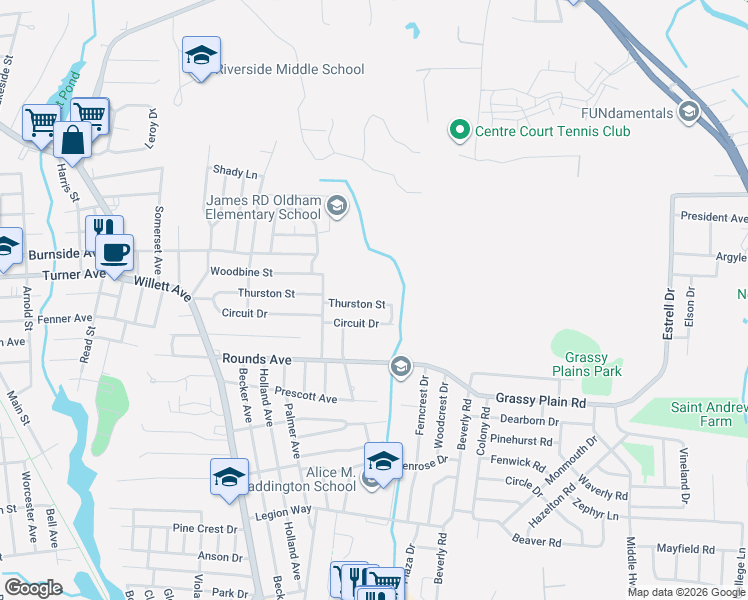 map of restaurants, bars, coffee shops, grocery stores, and more near 126 Thurston Street in East Providence