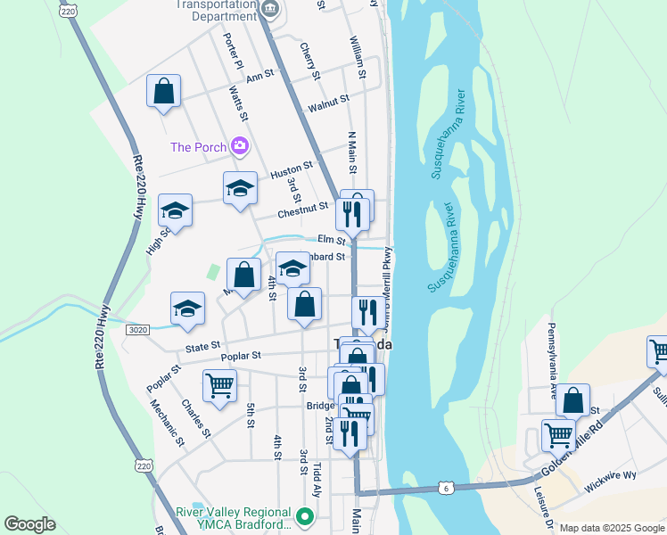 map of restaurants, bars, coffee shops, grocery stores, and more near 5 2nd Street in Towanda