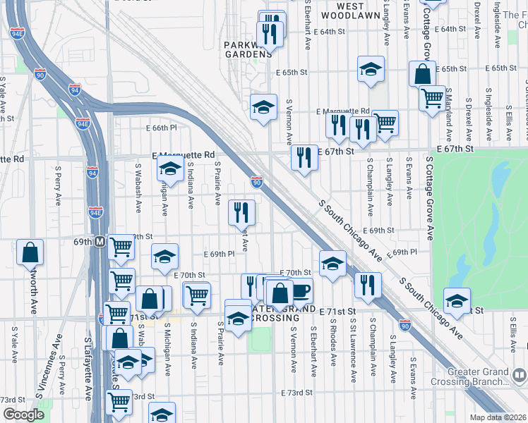 map of restaurants, bars, coffee shops, grocery stores, and more near 6817 South Calumet Avenue in Chicago